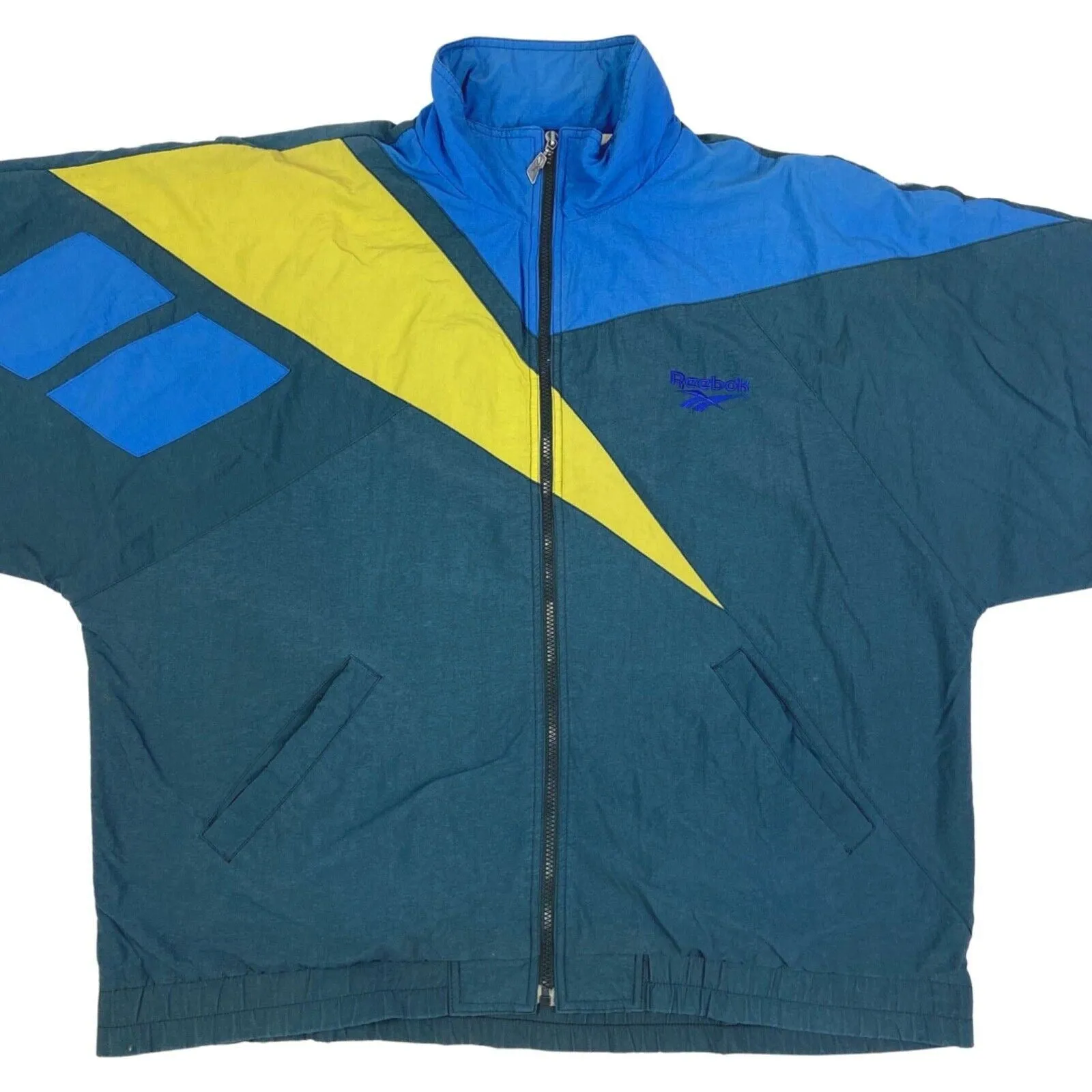 Vintage 90s Grey Yellow Blue Embroidered Reebok Windbreaker Jacket Coat XXL