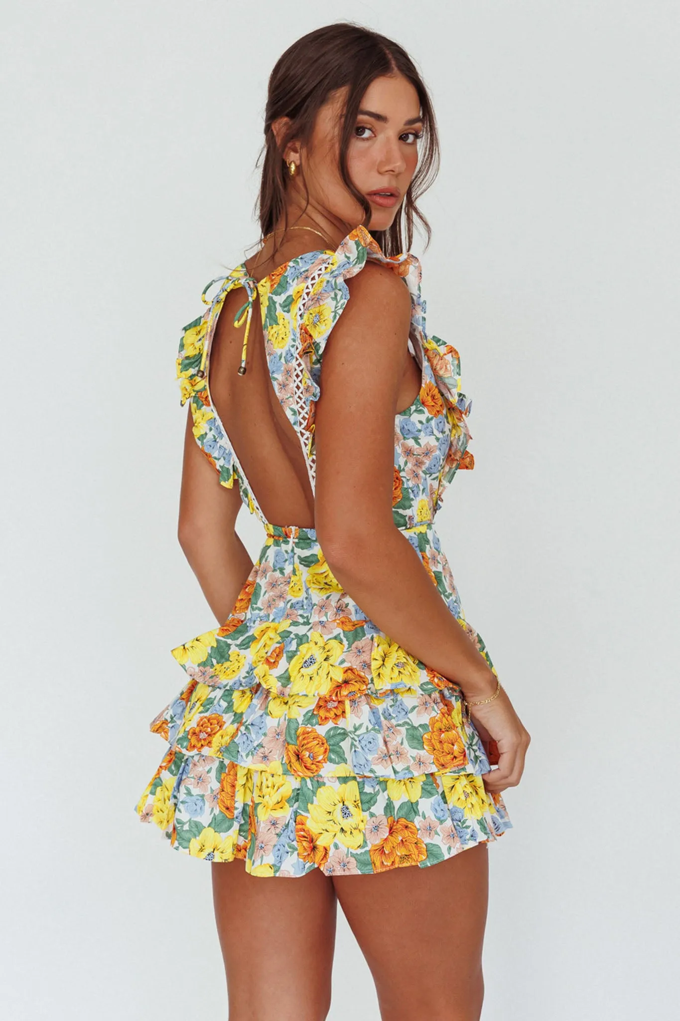 Weekend Muse Sleeveless Layered Frill Romper Yellow Floral