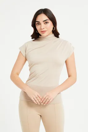 Women Beige Pleat Detailed High Neck Jersey Top
