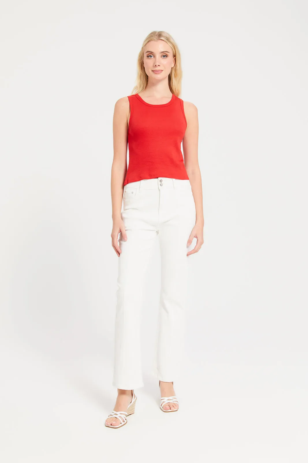 Women Red Rib Vest Cropped Top