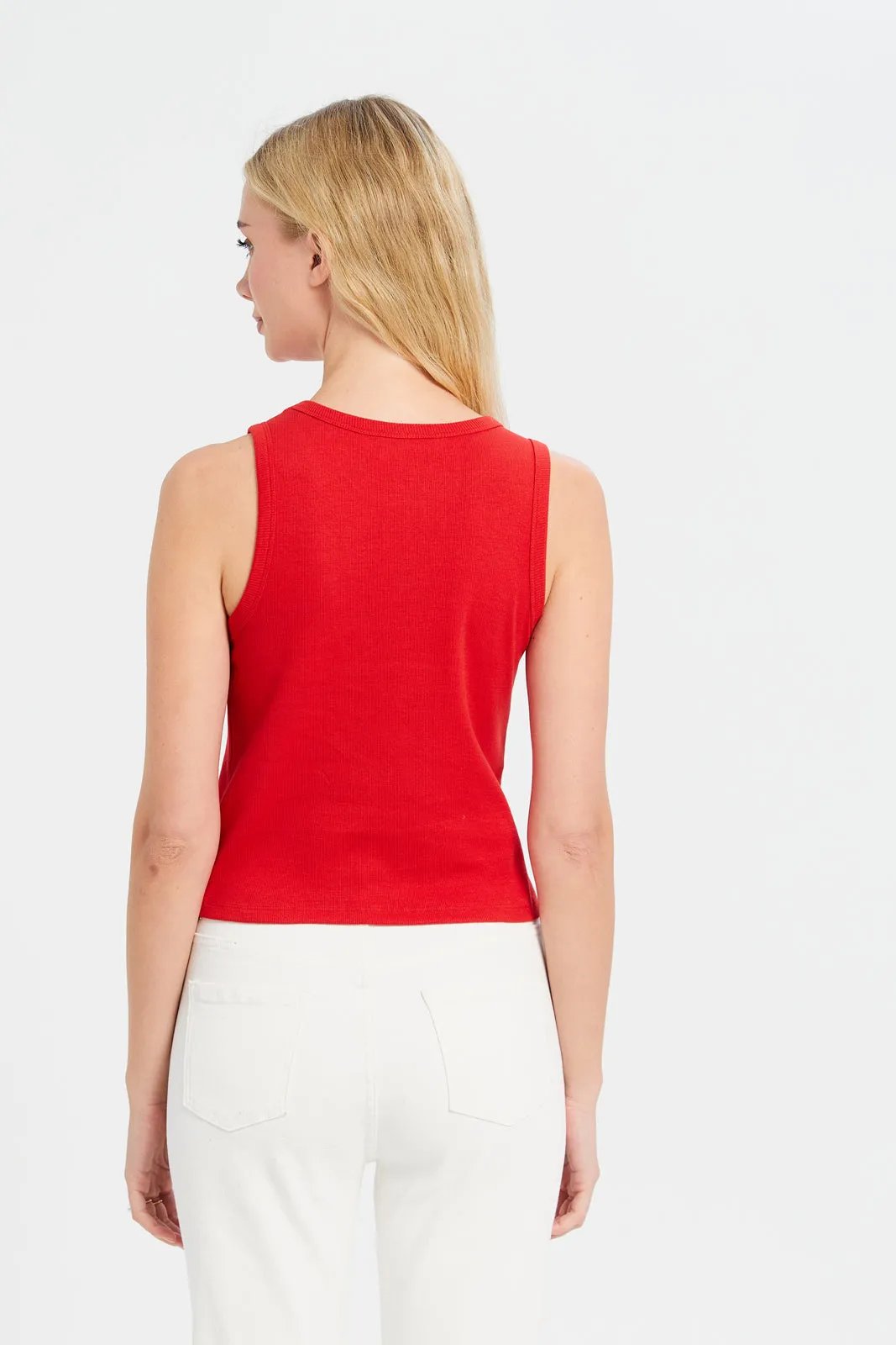 Women Red Rib Vest Cropped Top
