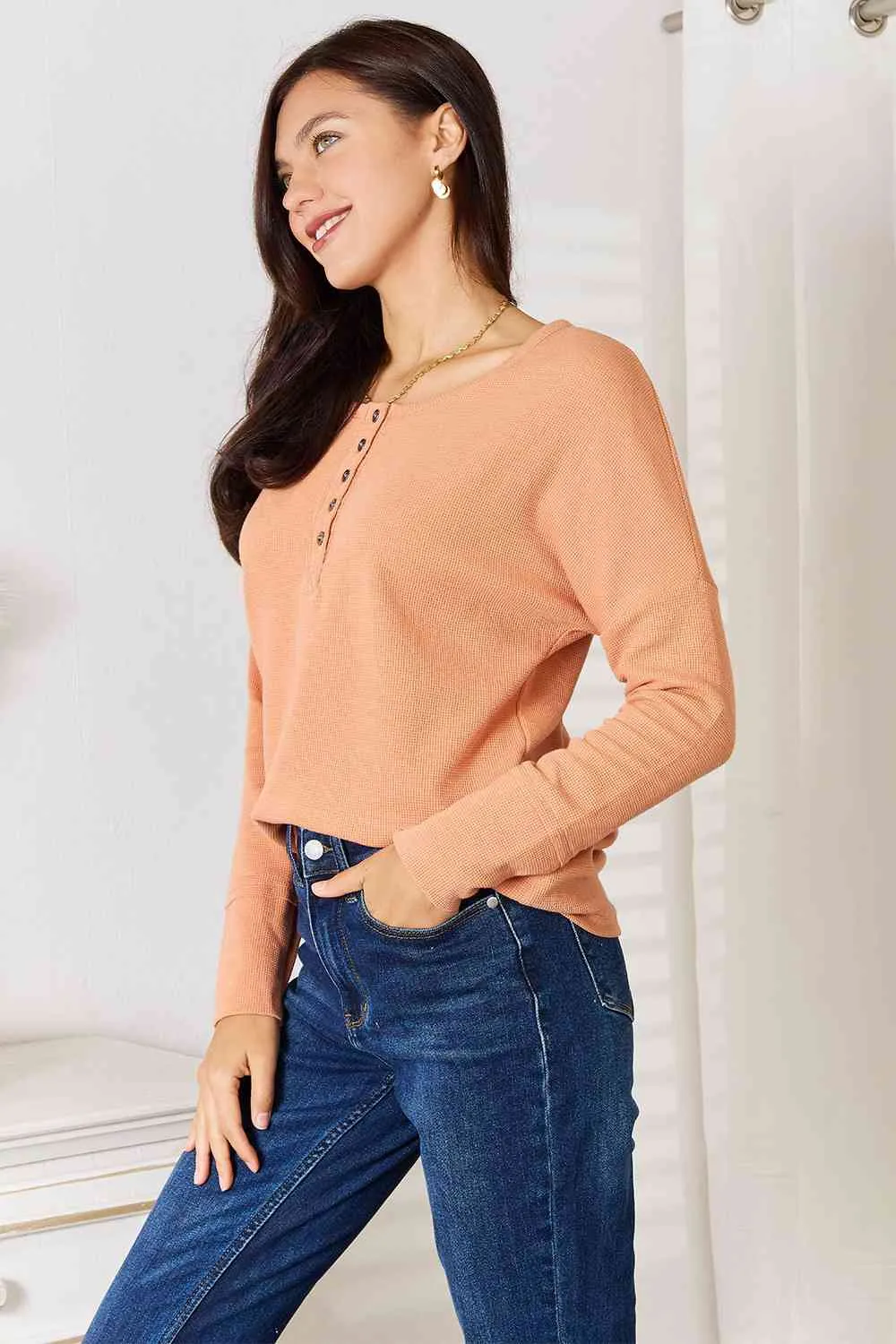 Women's Basic Bae Half Button Long Sleeve Top